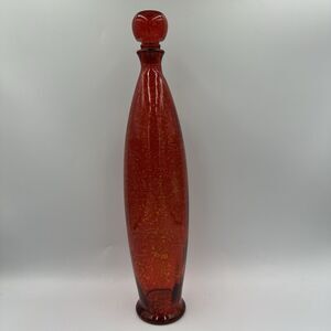 Vintage Murano Style Art Glass Decanter Red Orange Bubble Glass Genie Bottle